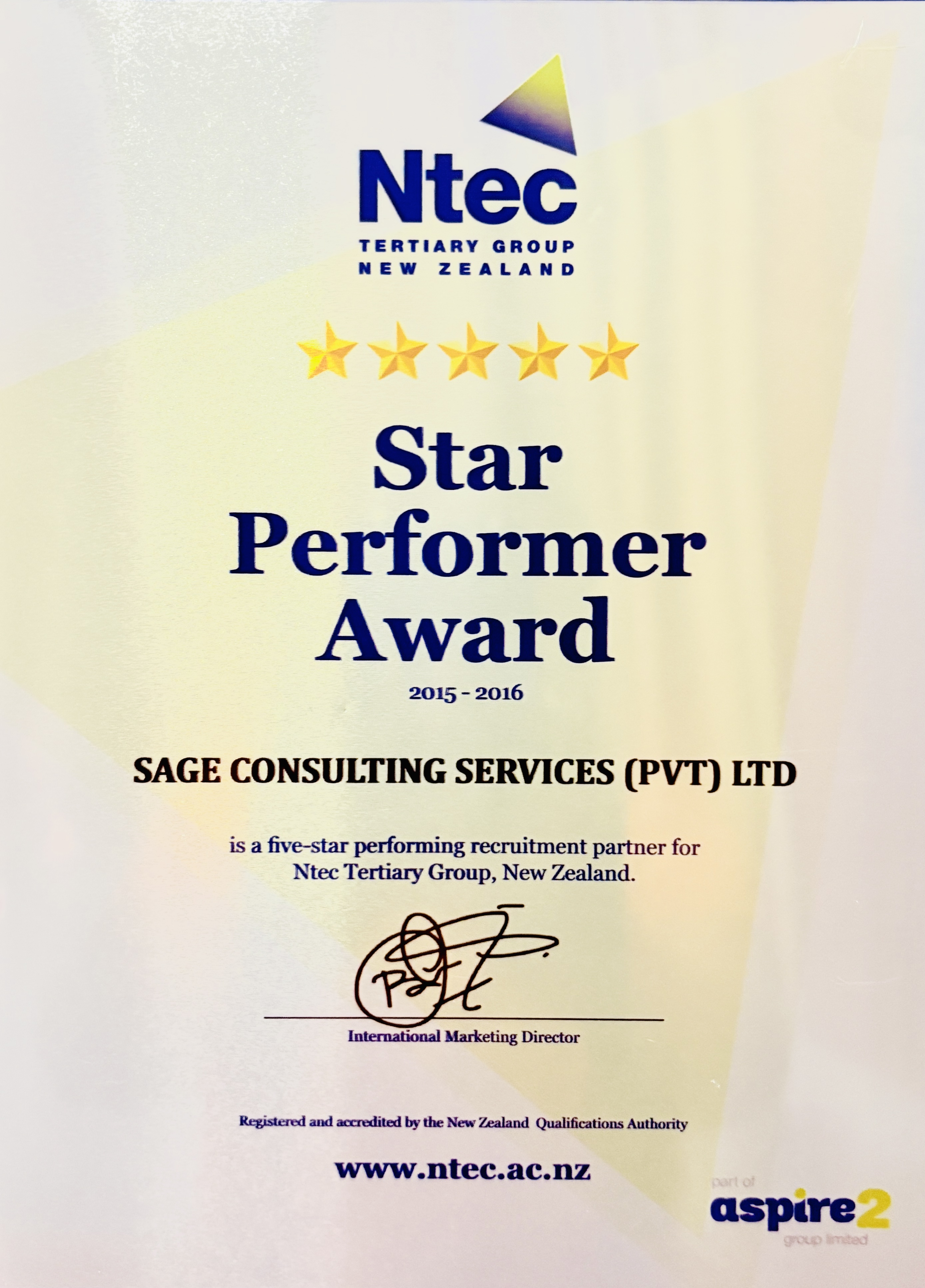 Ntec Tertiary Group / Aspire2 New Zealand - Star Performer Award